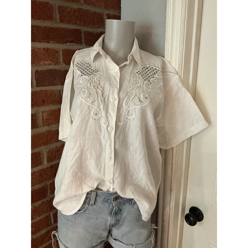 Vintage White Embroidered Button Front Linen Blend Top Embroidered Lace Mesh Top